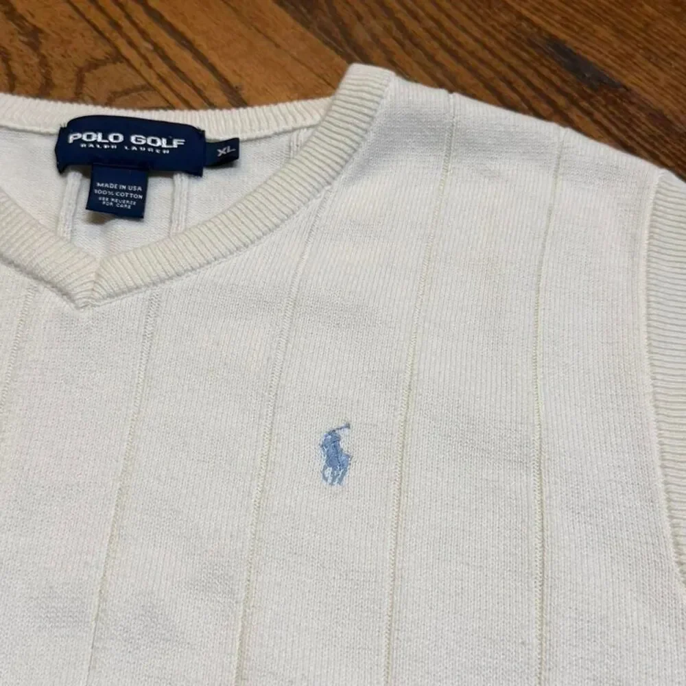 Polo by Ralph Lauren White V-Neck Cable Knit Vest with Light Blue Pony